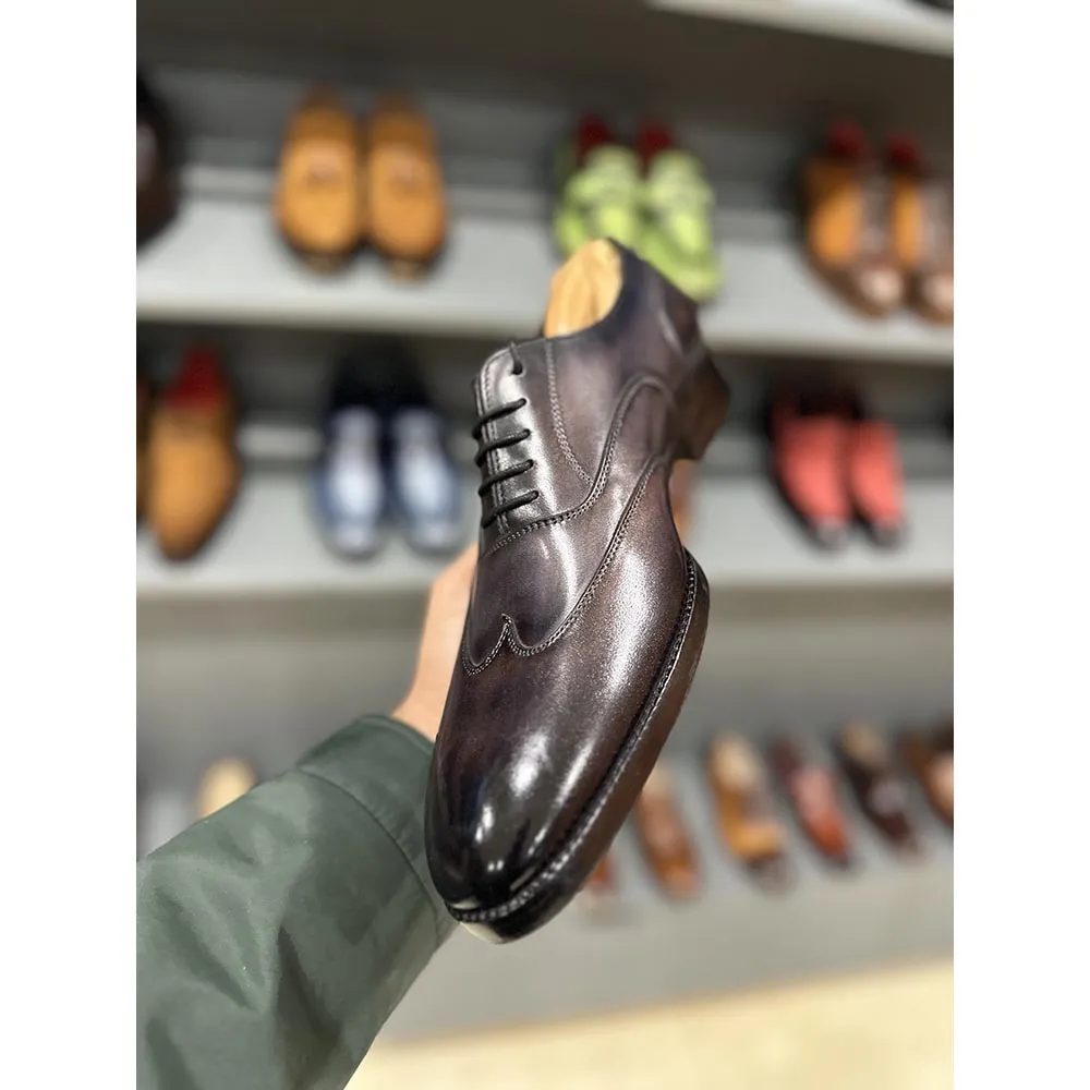 Grey Mirror Glossed Patina Stitch Detail Wingtip Oxford