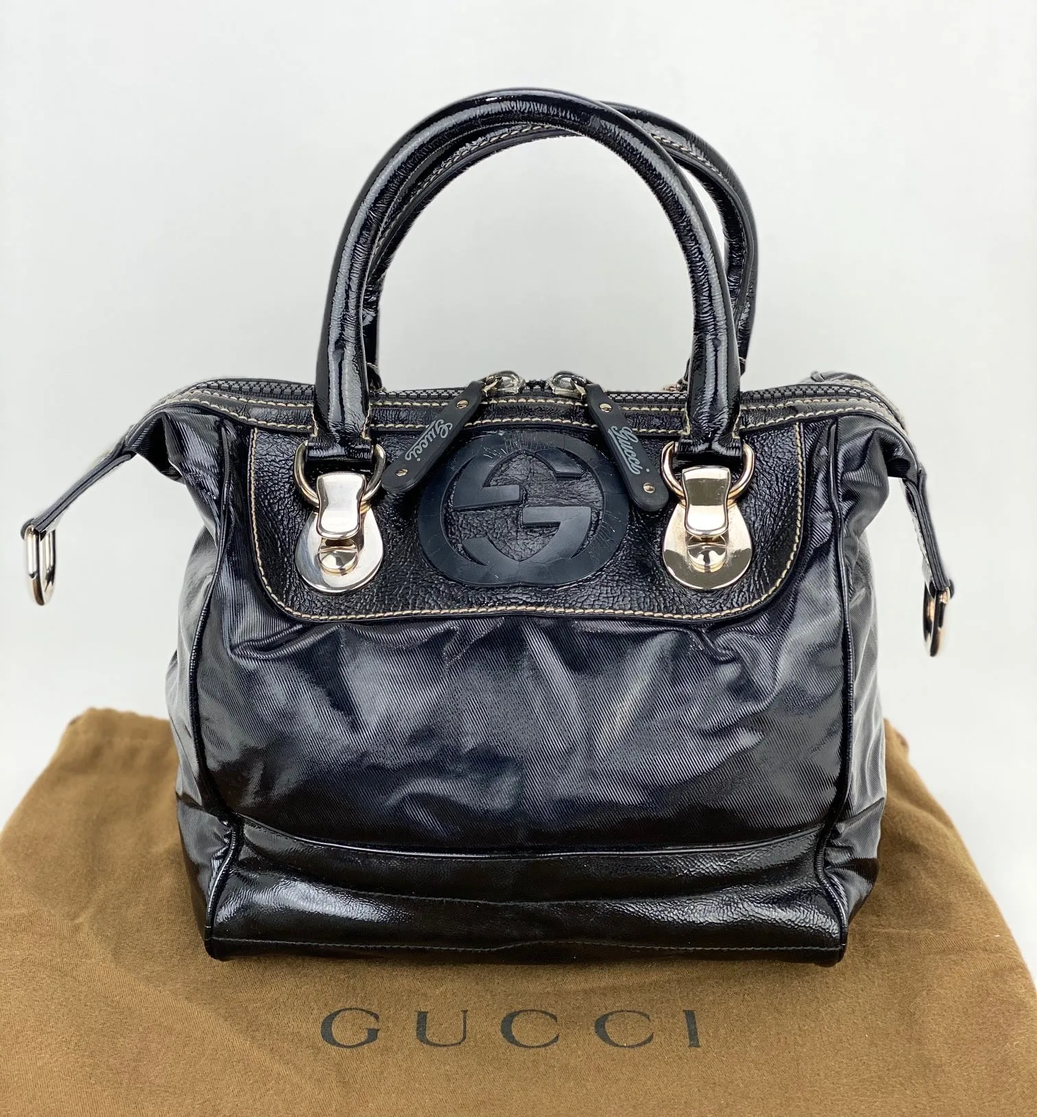 GUCCI Dialux Snow Glam Black Canvas and Leather Boston Shoulder Bag