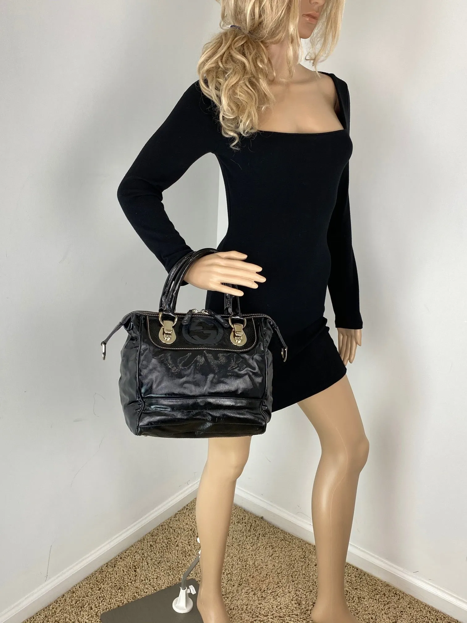 GUCCI Dialux Snow Glam Black Canvas and Leather Boston Shoulder Bag