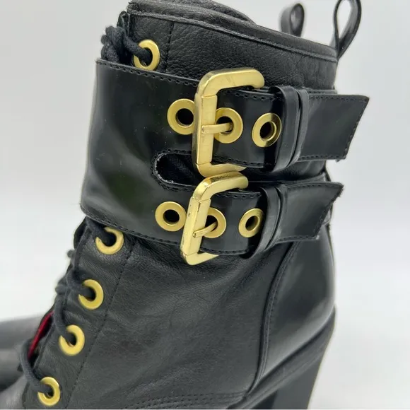 Guess Finlay Combat Lace-Up High Heel Ankle Boot Size 8M Black Zip Gold