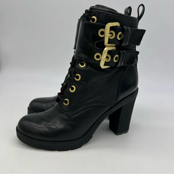 Guess Finlay Combat Lace-Up High Heel Ankle Boot Size 8M Black Zip Gold