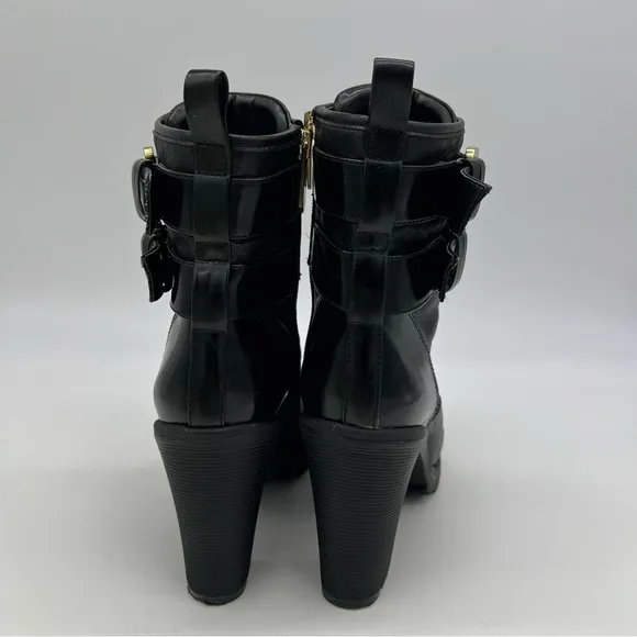 Guess Finlay Combat Lace-Up High Heel Ankle Boot Size 8M Black Zip Gold