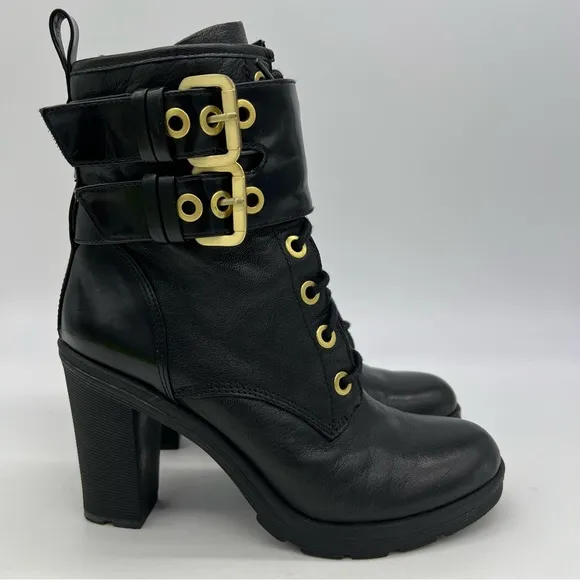 Guess Finlay Combat Lace-Up High Heel Ankle Boot Size 8M Black Zip Gold