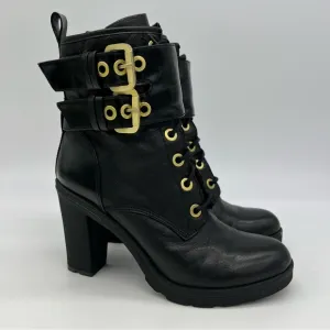 Guess Finlay Combat Lace-Up High Heel Ankle Boot Size 8M Black Zip Gold