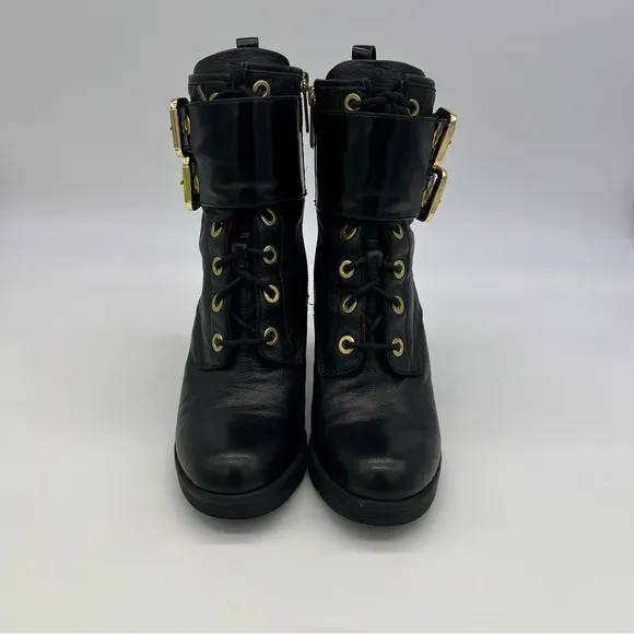 Guess Finlay Combat Lace-Up High Heel Ankle Boot Size 8M Black Zip Gold