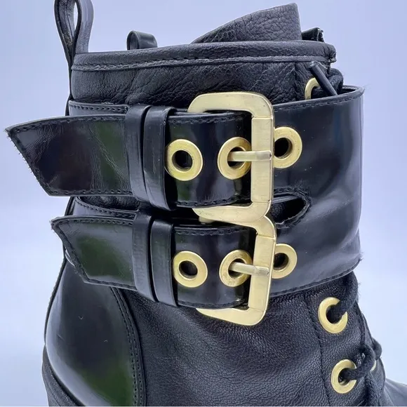 Guess Finlay Combat Lace-Up High Heel Ankle Boot Size 8M Black Zip Gold