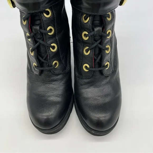 Guess Finlay Combat Lace-Up High Heel Ankle Boot Size 8M Black Zip Gold