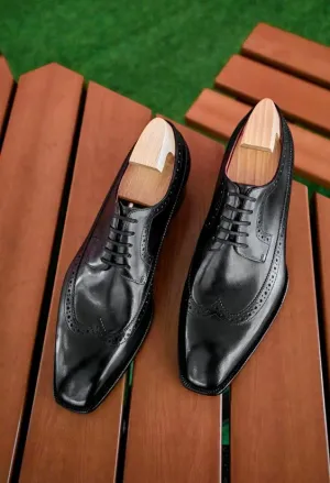 Handmade Black Wingtip Oxford Leather Shoes for Men