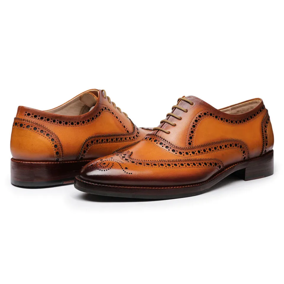 Handmade Tan Wingtip Leather Dress Shoes for Men