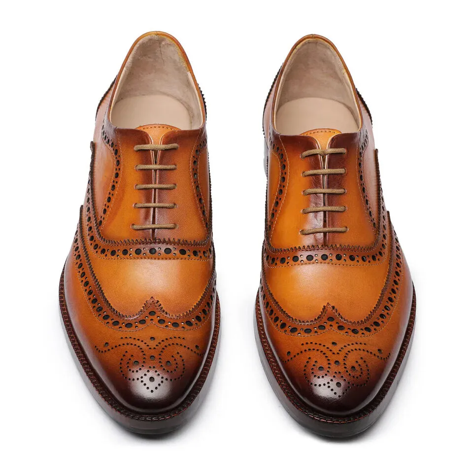 Handmade Tan Wingtip Leather Dress Shoes for Men