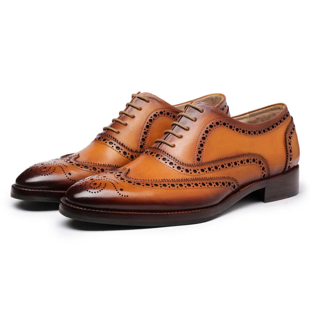 Handmade Tan Wingtip Leather Dress Shoes for Men