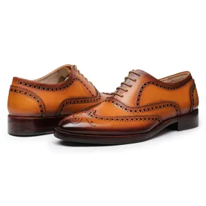 Handmade Tan Wingtip Leather Dress Shoes for Men