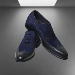 Handmade Two-Tone Wingtip Dress Shoes in Black and Blue Suede