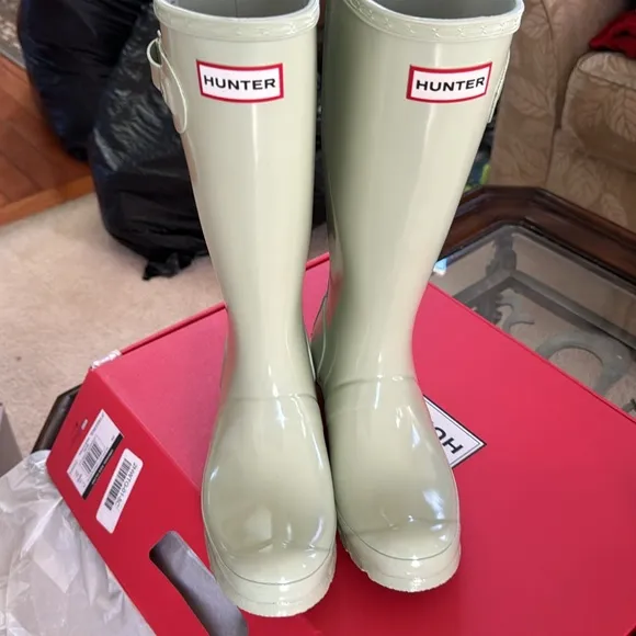 HunterKids' Rain Boots Knee HighCushioned Footbed Lining Muffled Green 5 Big Kid