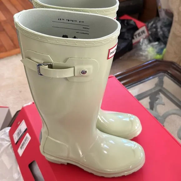 HunterKids' Rain Boots Knee HighCushioned Footbed Lining Muffled Green 5 Big Kid