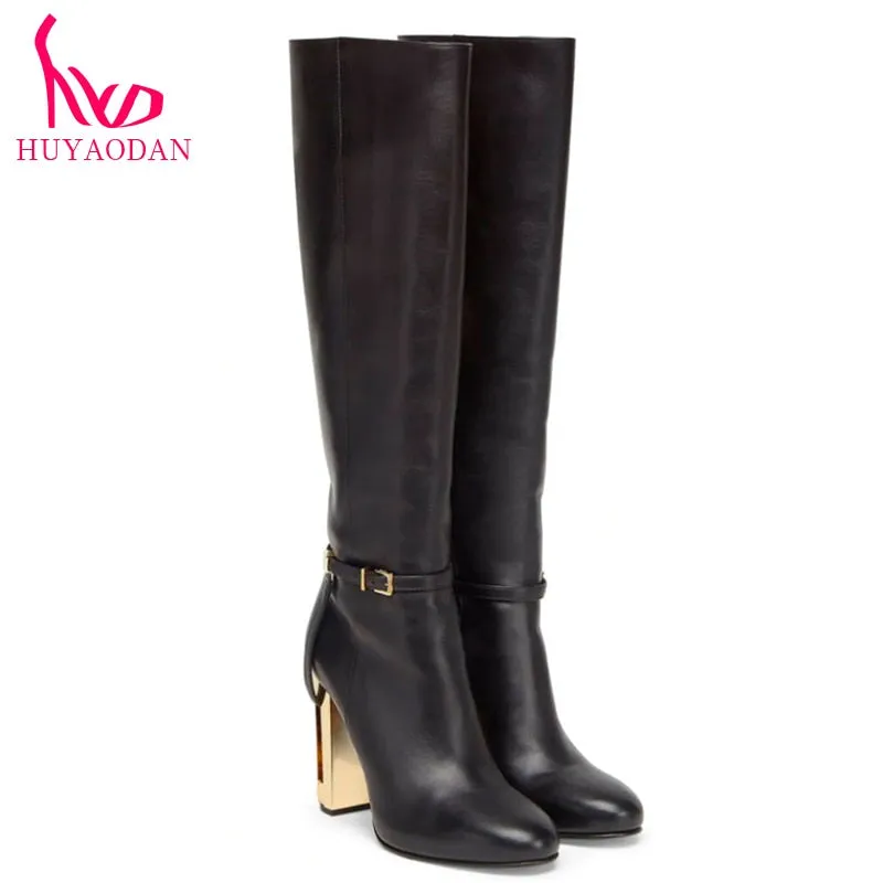 HUYAODAN Top Qulaity 2023 New Fashion Autumn WInter Warm Knee High Boots Sexy High Heels Zipper Black Brown Dress Party Size 42