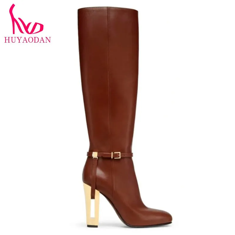 HUYAODAN Top Qulaity 2023 New Fashion Autumn WInter Warm Knee High Boots Sexy High Heels Zipper Black Brown Dress Party Size 42