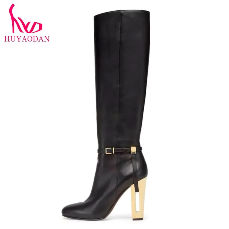 HUYAODAN Top Qulaity 2023 New Fashion Autumn WInter Warm Knee High Boots Sexy High Heels Zipper Black Brown Dress Party Size 42