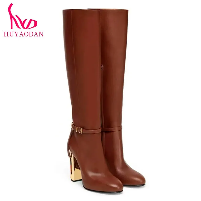 HUYAODAN Top Qulaity 2023 New Fashion Autumn WInter Warm Knee High Boots Sexy High Heels Zipper Black Brown Dress Party Size 42