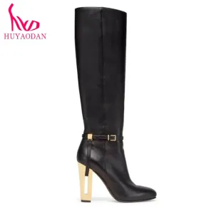 HUYAODAN Top Qulaity 2023 New Fashion Autumn WInter Warm Knee High Boots Sexy High Heels Zipper Black Brown Dress Party Size 42