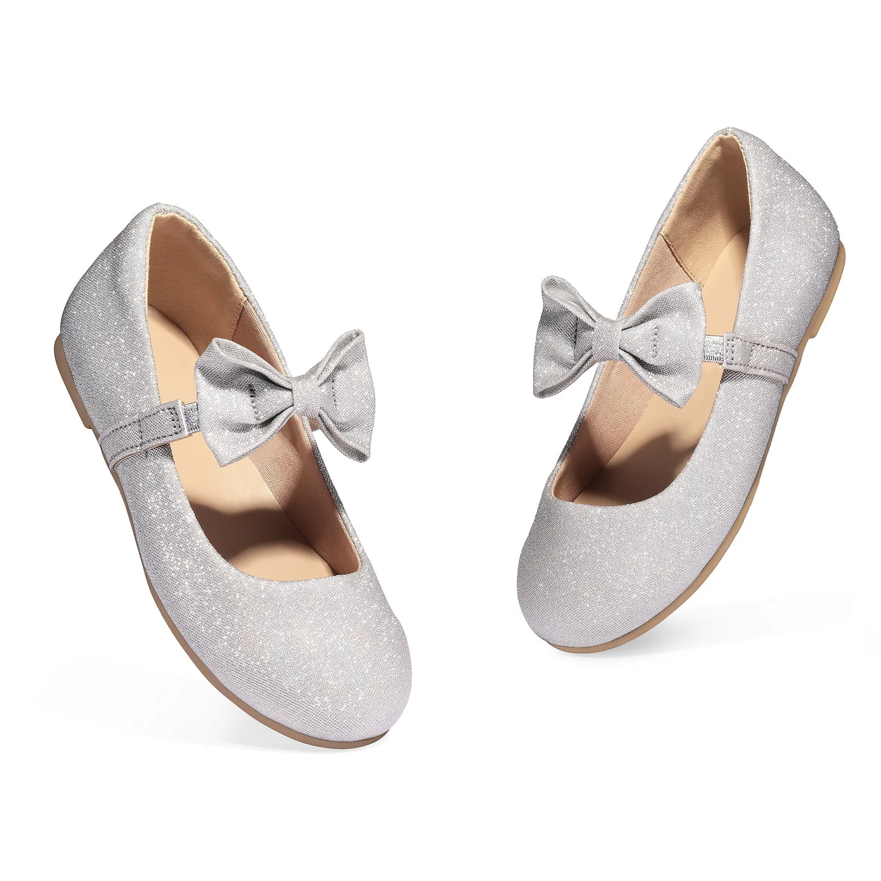 Kids Dress Shoes-Bow Strap Glitter Mary Jane Flats