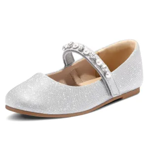 Kids Dress Shoes-Mary Jane Flats with Pearl Rhinestone Strap