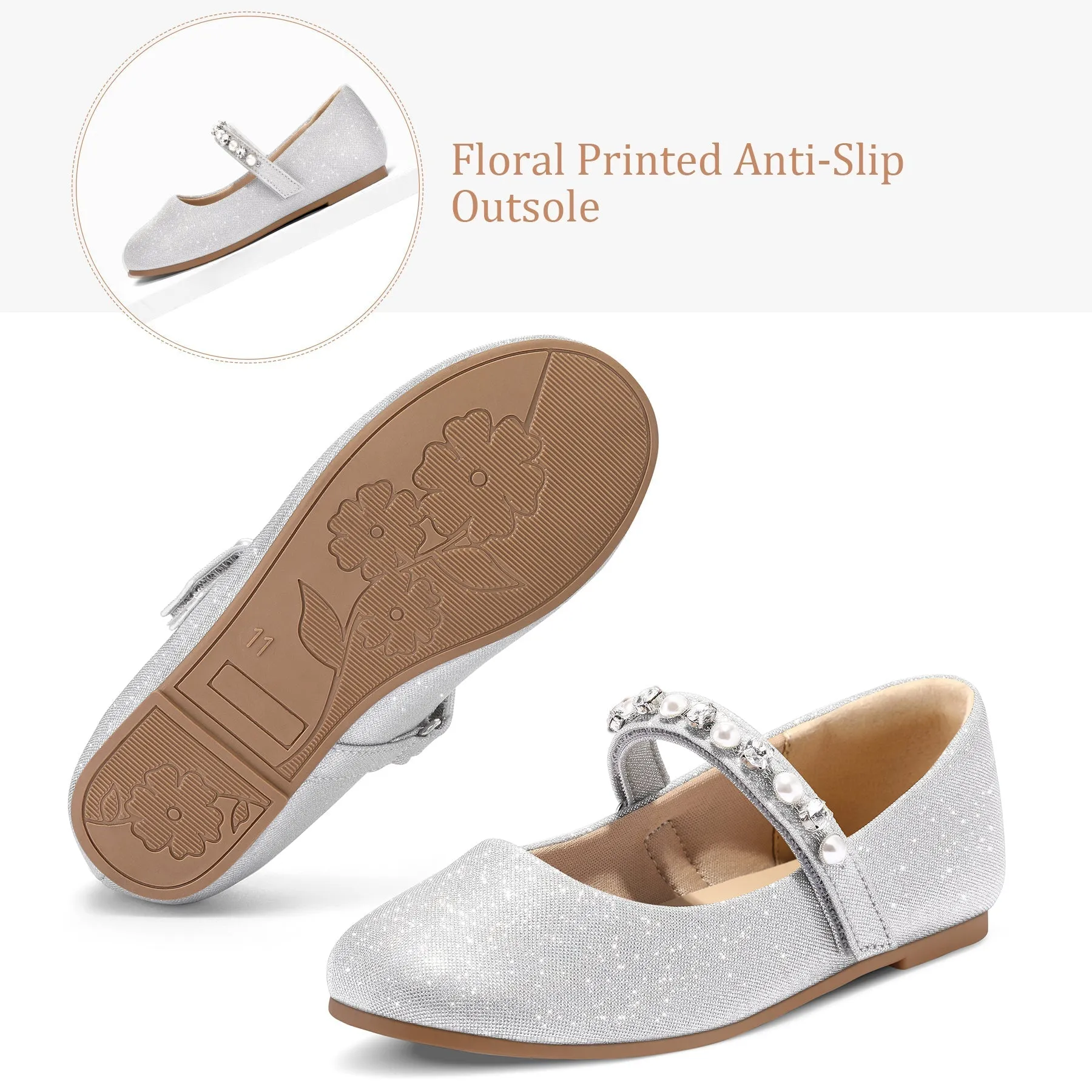Kids Dress Shoes-Mary Jane Flats with Pearl Rhinestone Strap