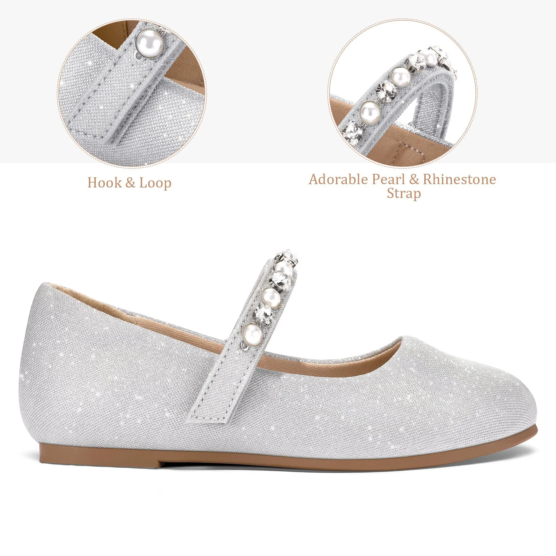 Kids Dress Shoes-Mary Jane Flats with Pearl Rhinestone Strap