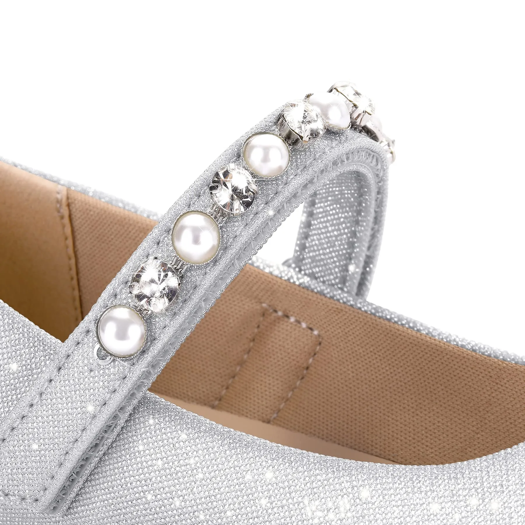 Kids Dress Shoes-Mary Jane Flats with Pearl Rhinestone Strap