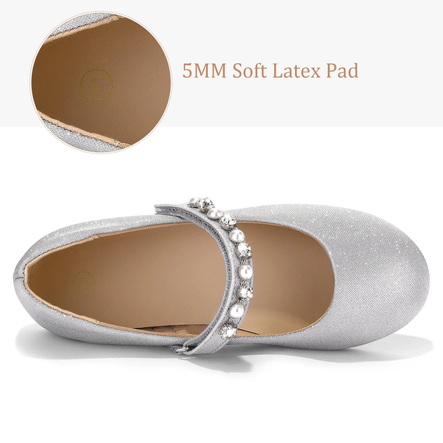 Kids Dress Shoes-Mary Jane Flats with Pearl Rhinestone Strap