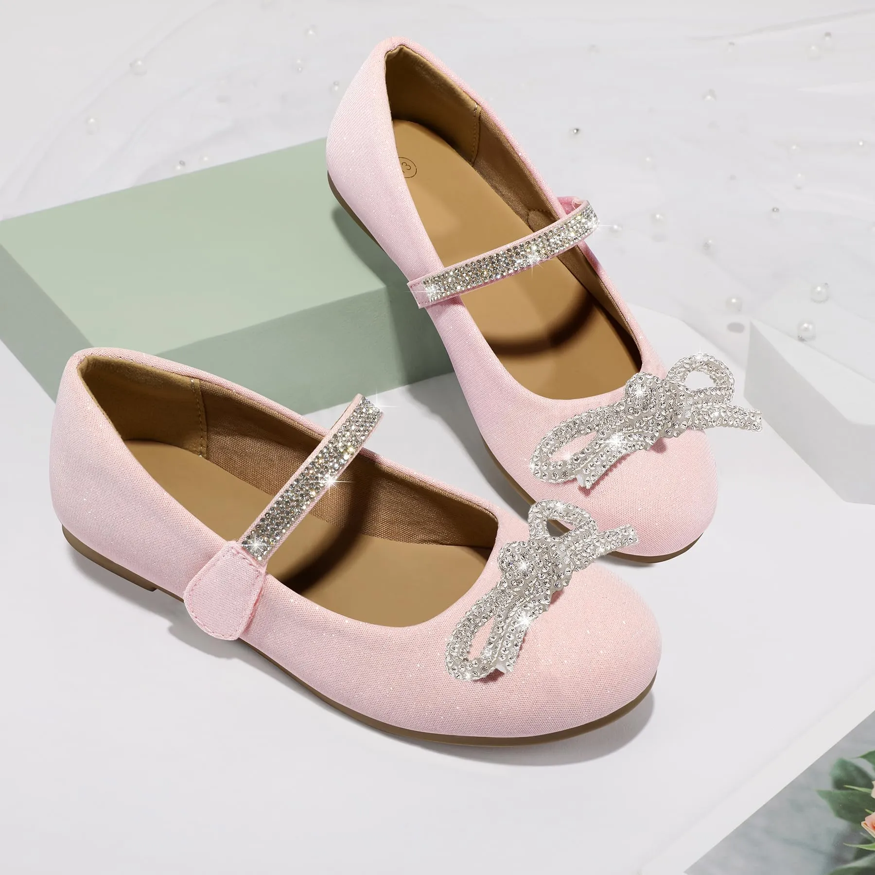 Kids Dress Shoes-Pink Mary Janes with Diamond Bow