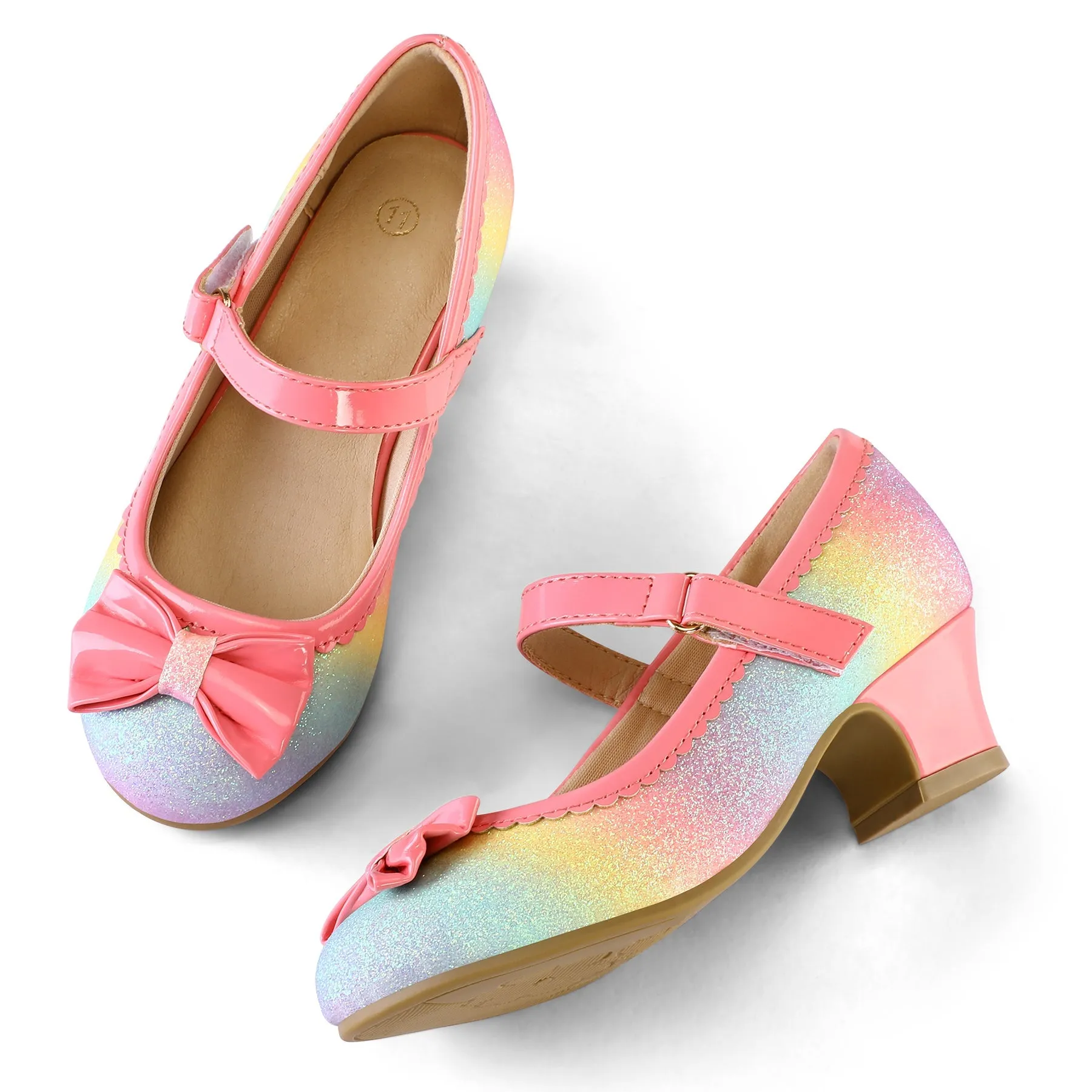 Kids Dress Shoes-Rainbow Bow Low Heel Mary Jane Flats