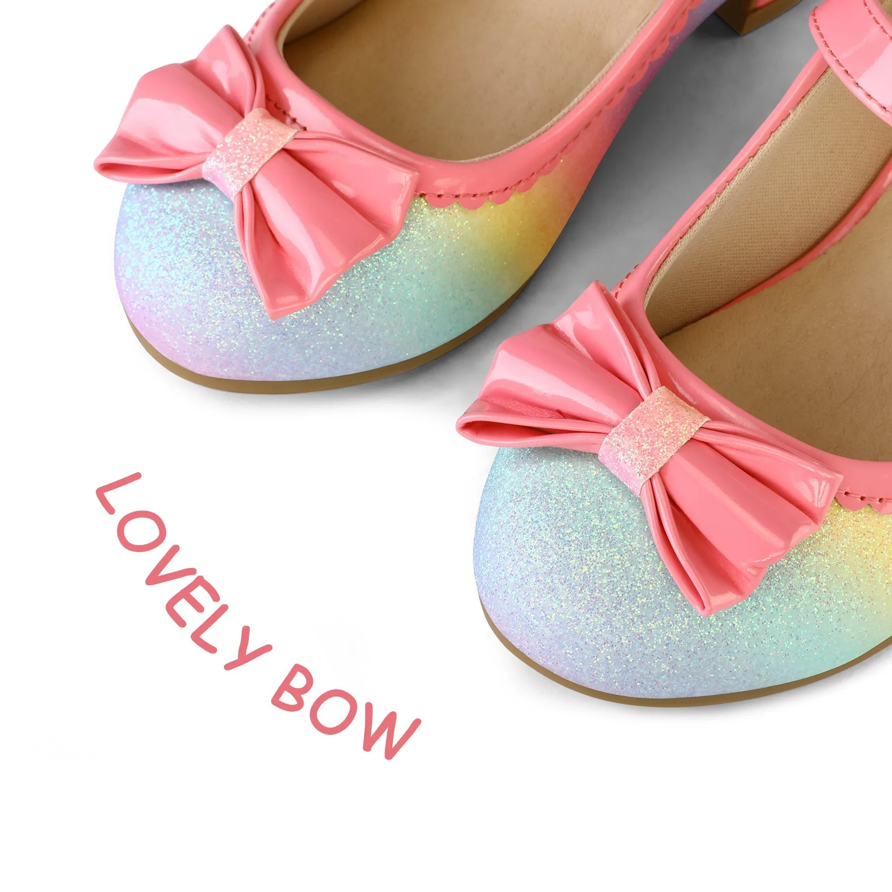 Kids Dress Shoes-Rainbow Bow Low Heel Mary Jane Flats