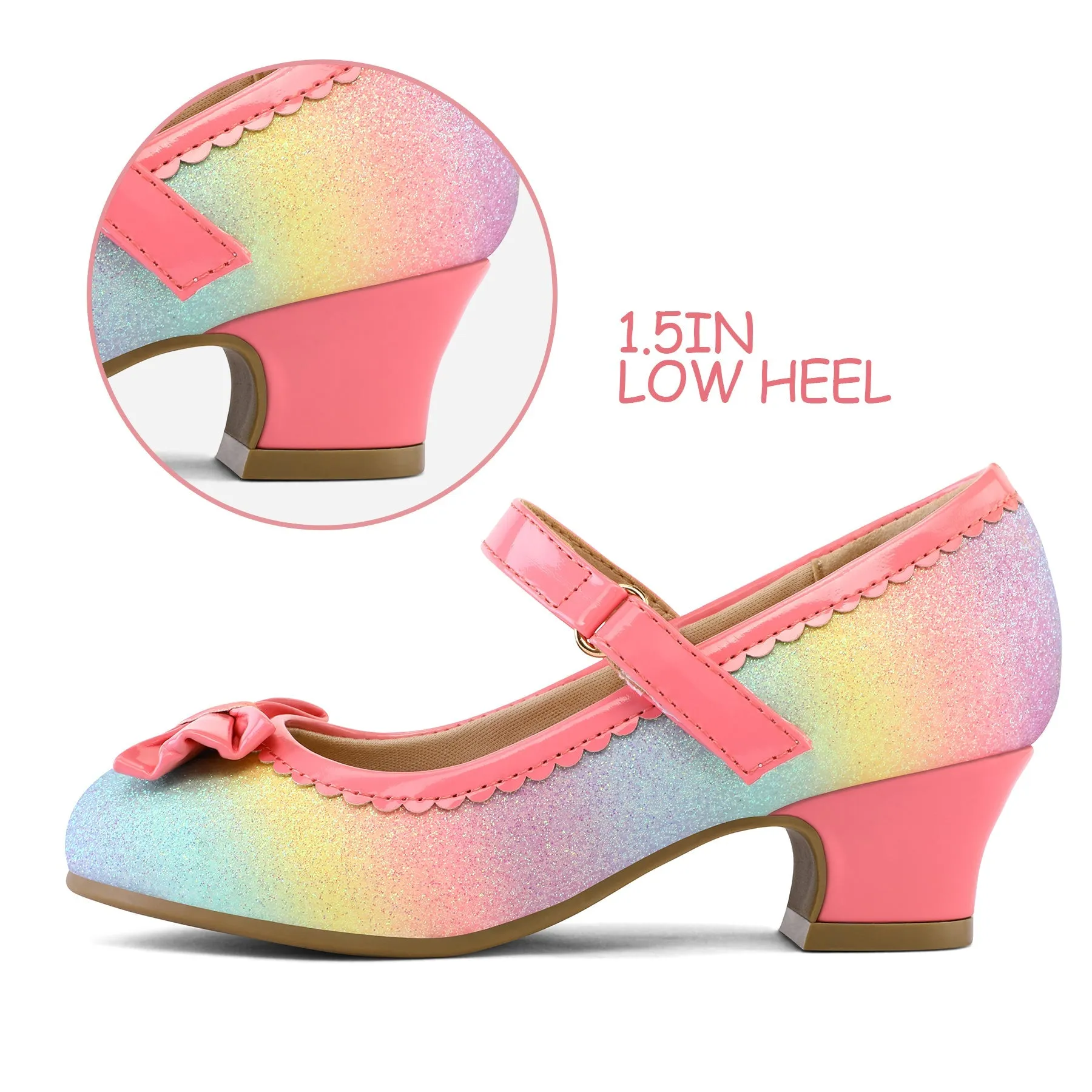 Kids Dress Shoes-Rainbow Bow Low Heel Mary Jane Flats