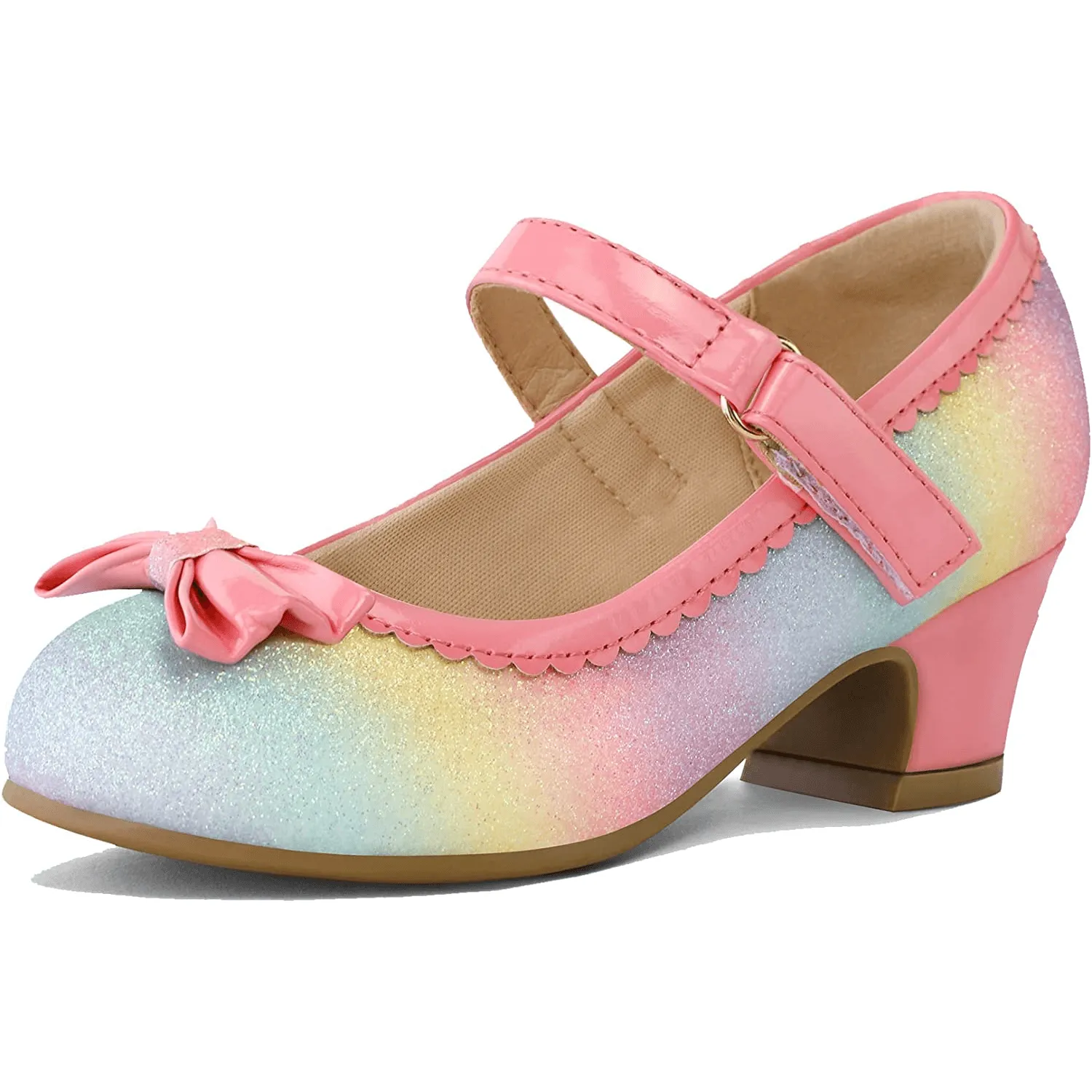 Kids Dress Shoes-Rainbow Bow Low Heel Mary Jane Flats