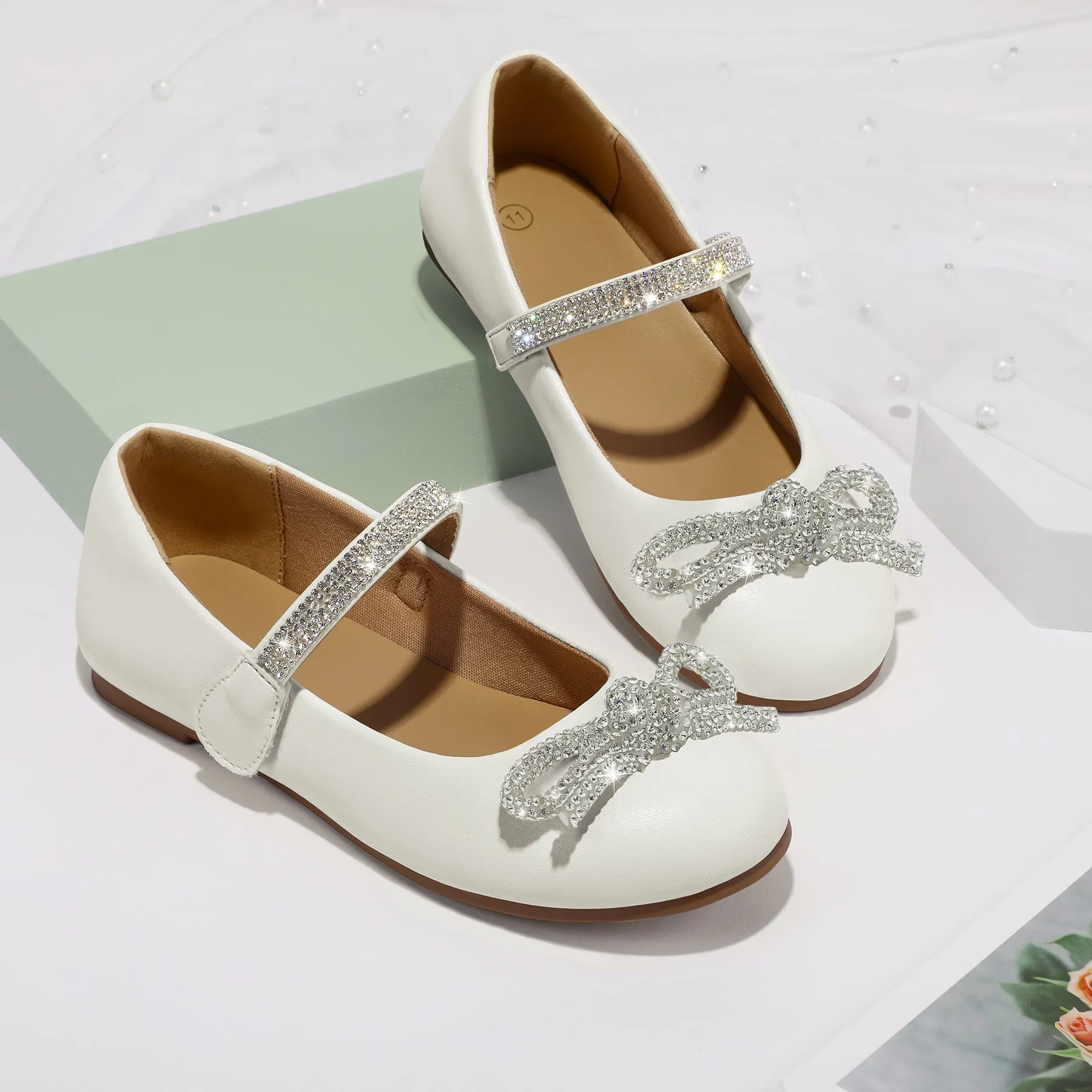 Kids Dress Shoes-Rhinestone Bow Embellished Glitter Mary Jane Flats