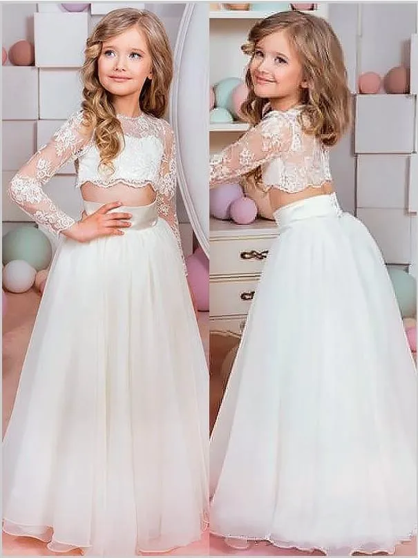 Lace Chiffon Long Sleeves Flower Girl Dresses Floor Length Two Piece Ball Gown