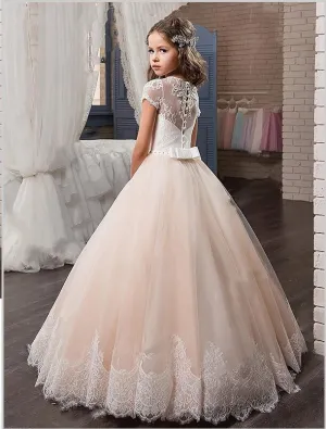 Lace Tulle V-neck Short Sleeves Flower Girl Dresses Floor Length Ball Gown