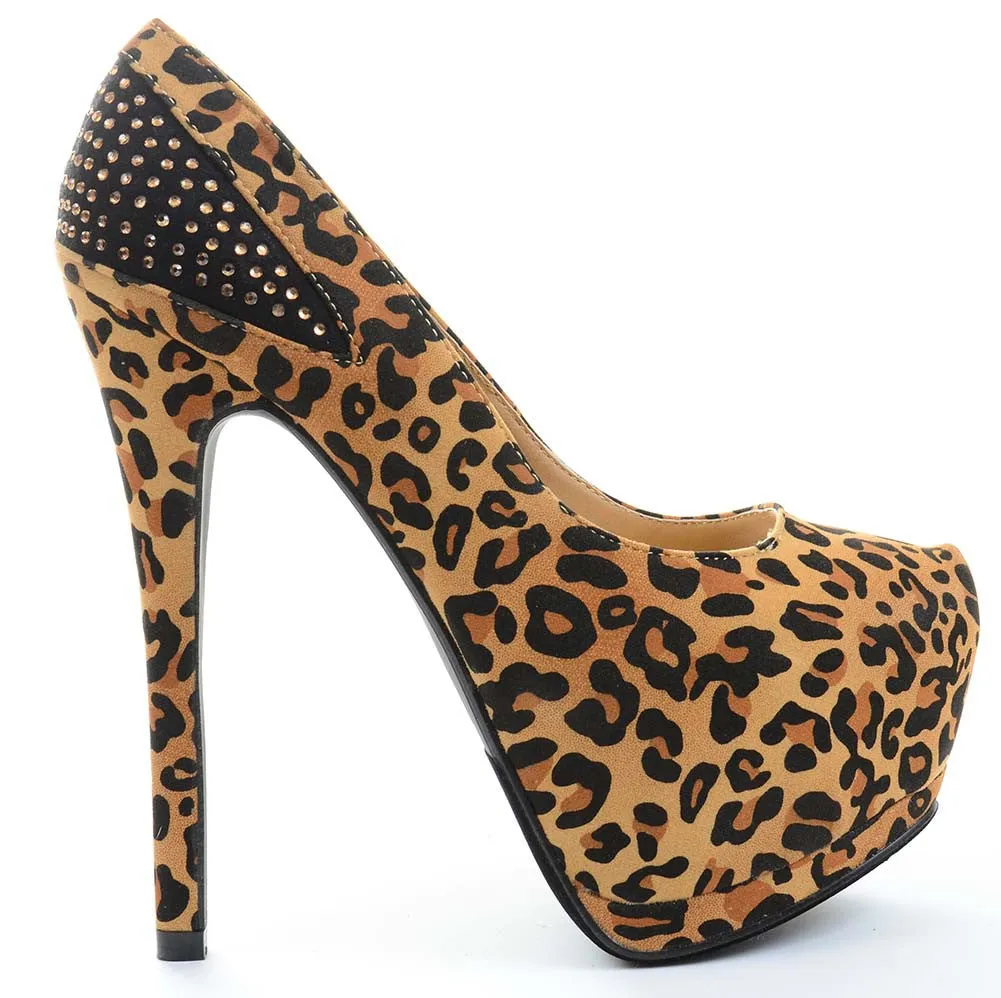Leopard Rhinestone Faux Suede Stiletto Platform Pump Heels