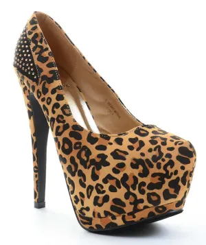 Leopard Rhinestone Faux Suede Stiletto Platform Pump Heels