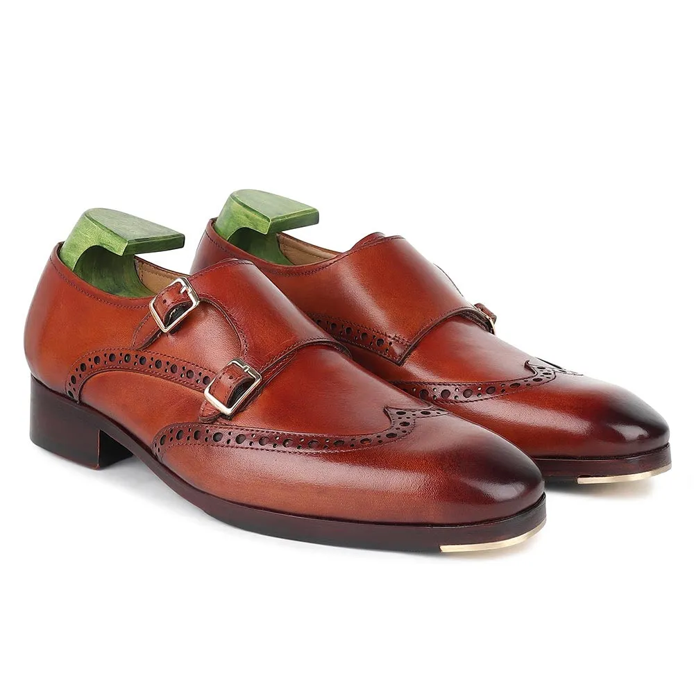 Light Brown Mirror Glossed Patina Wingtip Brogue Double Monk Straps   Metal Toe