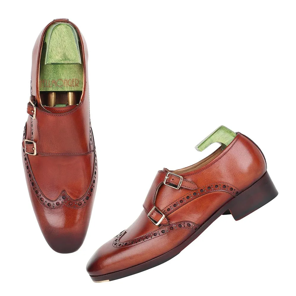 Light Brown Mirror Glossed Patina Wingtip Brogue Double Monk Straps   Metal Toe