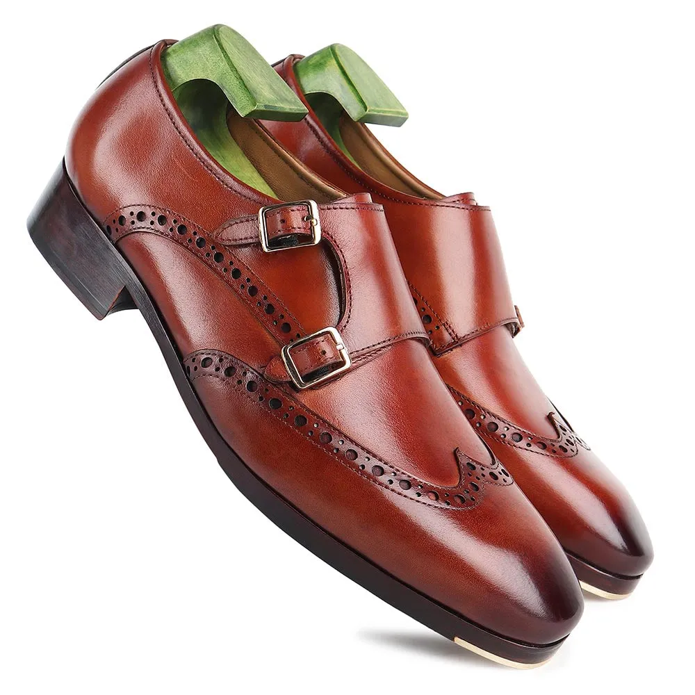 Light Brown Mirror Glossed Patina Wingtip Brogue Double Monk Straps   Metal Toe