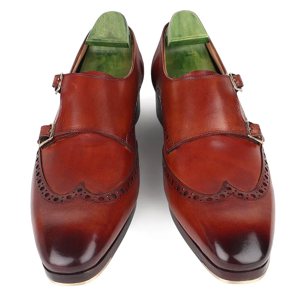 Light Brown Mirror Glossed Patina Wingtip Brogue Double Monk Straps   Metal Toe