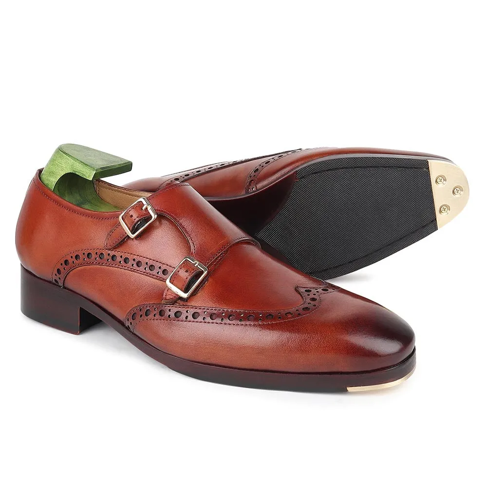 Light Brown Mirror Glossed Patina Wingtip Brogue Double Monk Straps   Metal Toe