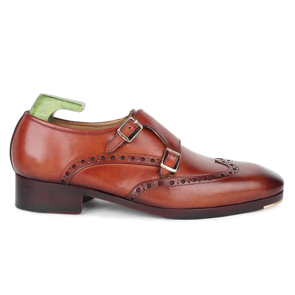 Light Brown Mirror Glossed Patina Wingtip Brogue Double Monk Straps   Metal Toe