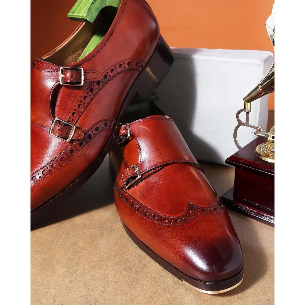 Light Brown Mirror Glossed Patina Wingtip Brogue Double Monk Straps   Metal Toe