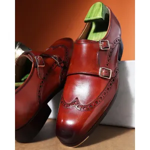 Light Brown Mirror Glossed Patina Wingtip Brogue Double Monk Straps   Metal Toe