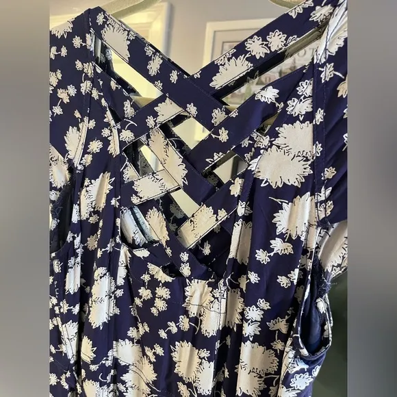Maeve By Anthropology Long Cap Sleeve Blue Dress With White Flowers
