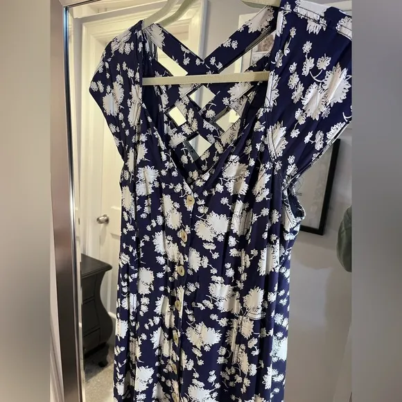 Maeve By Anthropology Long Cap Sleeve Blue Dress With White Flowers